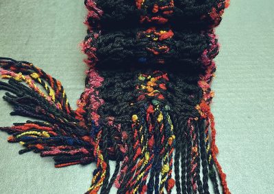 14. S Black & Multi-Coloured Open Weave Scarf Rose, Red, and Green Highlights