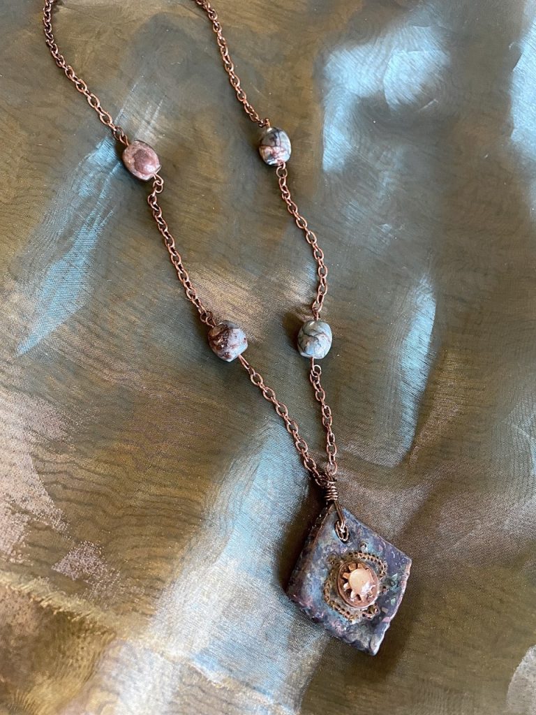 PC 56 4 cm clay & metal pendant, 52 cm chain with agates $38