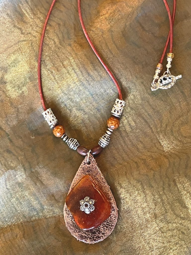 PLS 18 Baltic amber on silver leather, 50 cm distressed fine leather cord $36
