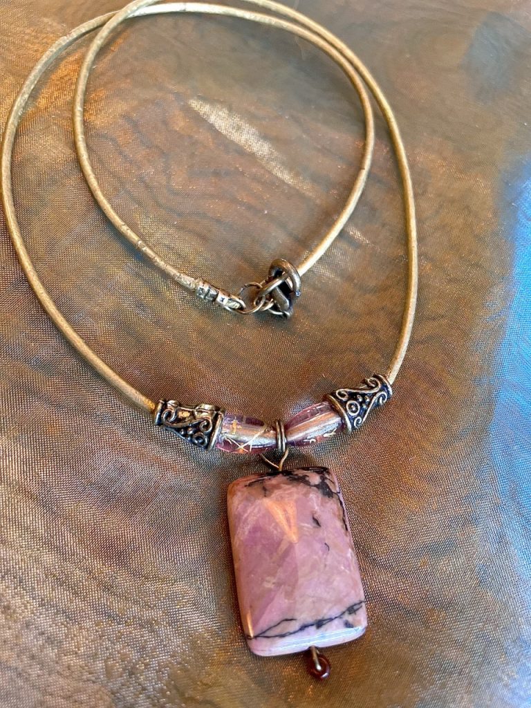PLS 30 rhodonite 46 cm distressed leather gold cord $23