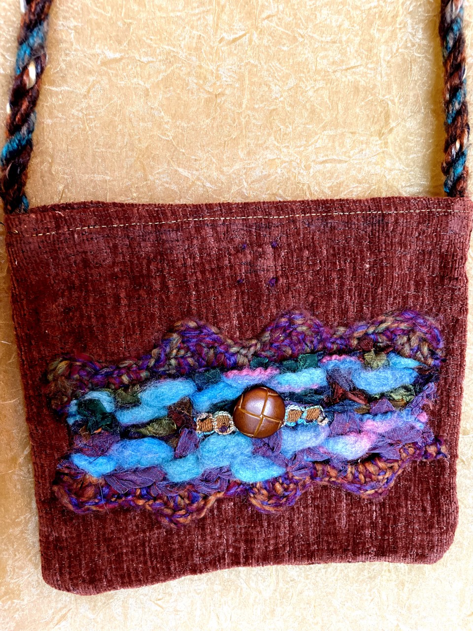 Tote N24 20X20 cm, hand spun wool accents, leather button magnetic clasp $42